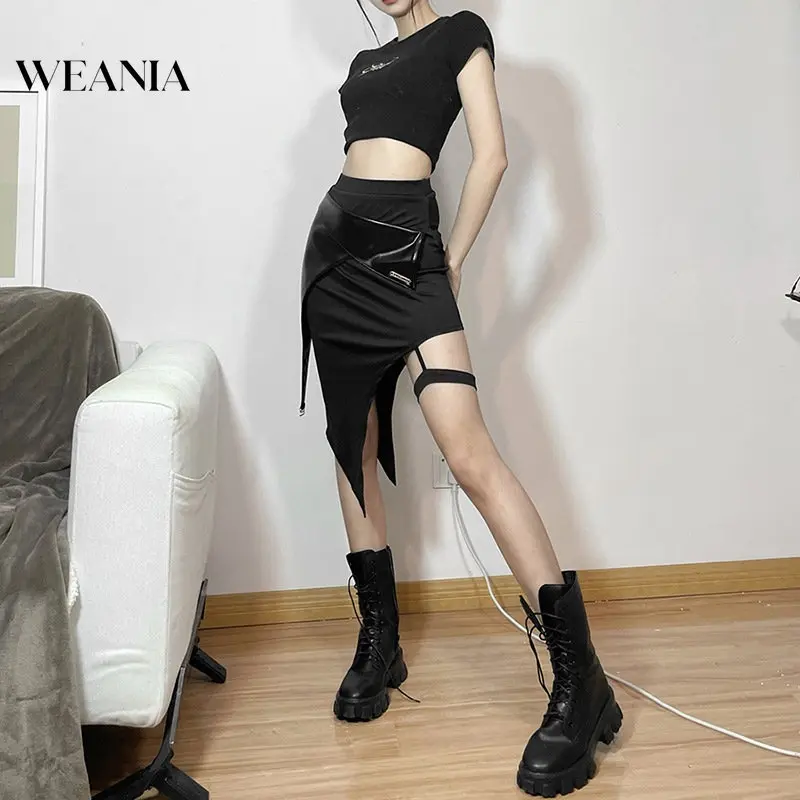 WEANIA-Váy Pu Cạp Cao Cho Nữ, Thiết Kế Mới, Chắp Vá, Không Đều, Có Dây Xích Chân 3