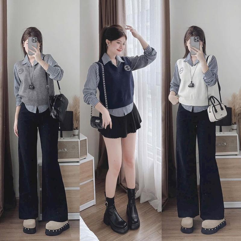 Áo Sơ Mi Kẻ Kèm Gile Len Thêu Chữ,Sét 2 Món,Sét Dời,2 Màu Ghi,Than,Hàng QC Nữ Women