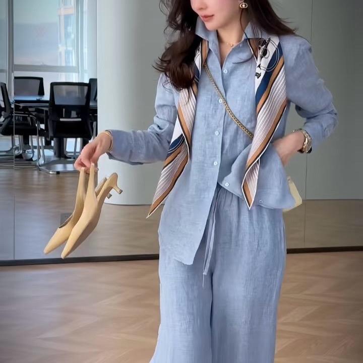 Bộ áo sơmi nữ quần suông phong cách thanh lịch vải đũi tơ hàn màu xanh