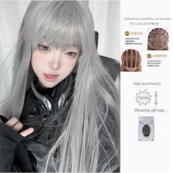 Wig Female Online Influencer Long Straight Hair Daily Gray Lolita Japanese Full-Head Wig JK Vigorous Sweet Cute Hair Cover 5