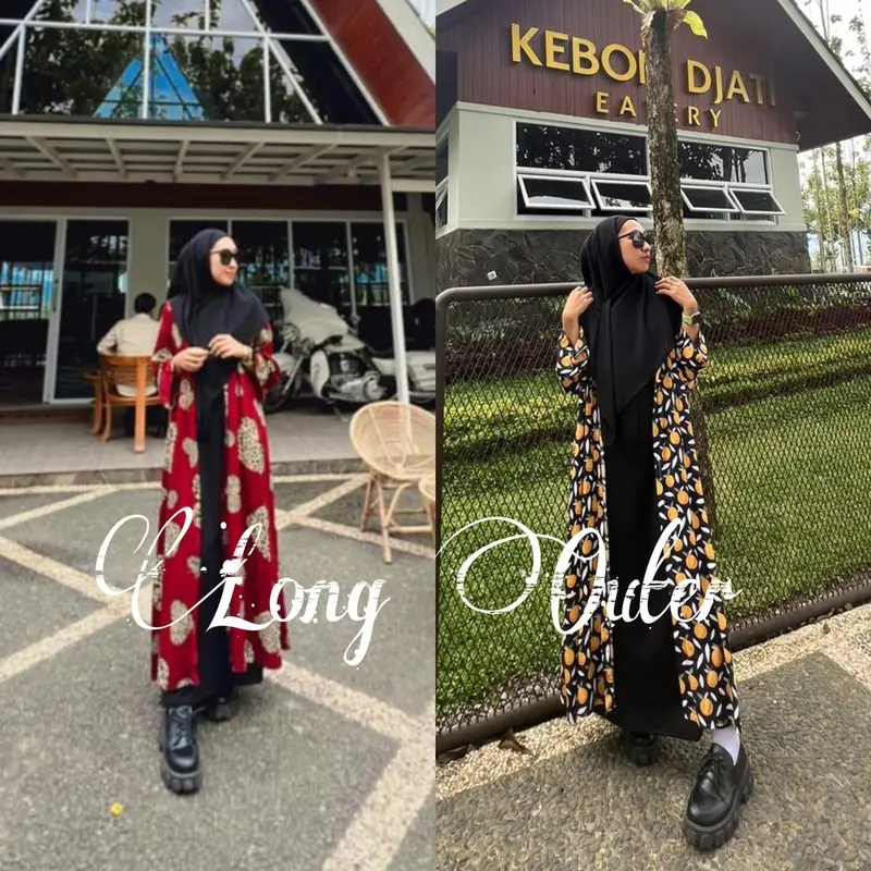 Elzhava Long Outer-Full Kancing Tunik-Tunik-Long Tunik Casual-Rayon Formal Viscose-Panjang Bunga Nyaman-Muslim-Melar- Motif Dress Atasan 0