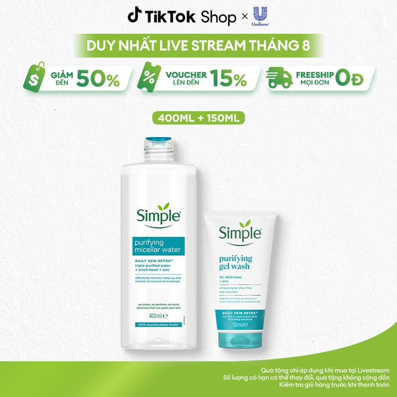 [FS] Combo 2 Nước Tẩy Trang Và Sữa Rửa Mặt Sạch Sâu Dịu Nhẹ - SIMPLE Micellar Water 400ML VÀ Cleanser 150ML [3]