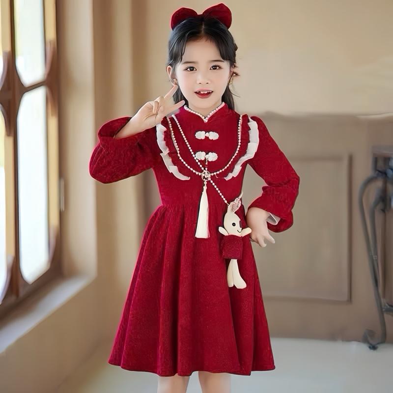 Váy Nhung Kim Tuyến Phong Cách Hàn cổ tàu phối ren đính nơ kèm bờm cho bé gái 10-30kg - Thời Trang vay tetcho be