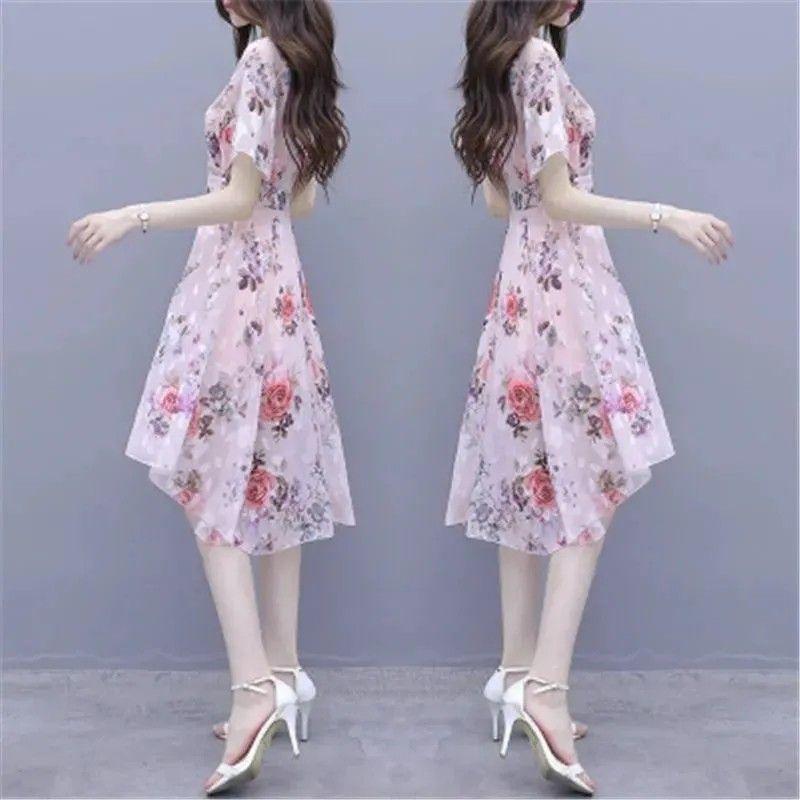 Váy In Hoa, ngắn Tay, Dành Cho Phụ Nữ, Phong Cách Thường Ngày Vừa Vặn Ôm Sát, Váy Lụa Lạnh Không Đối Xứng Cổ Tích Mùa Hè Mới 2024 5