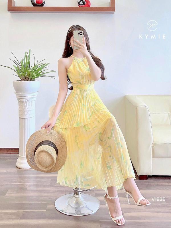 Váy Đầm maxxi xòe Đi tiệc, Đi chơi chất voan hoa họa 2 lớp dập ly 1