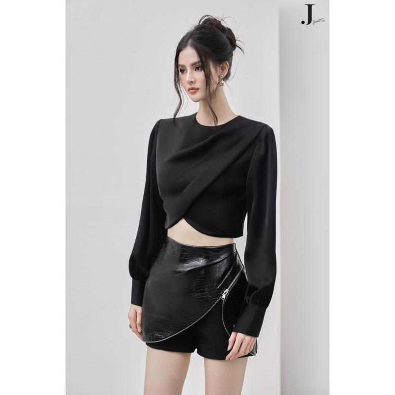 Áo Lửng Đan Vạt Chéo Xếp Ly và Quần Giả Váy Da Có Khóa Kéo Designed by Jadeite Top Nữ