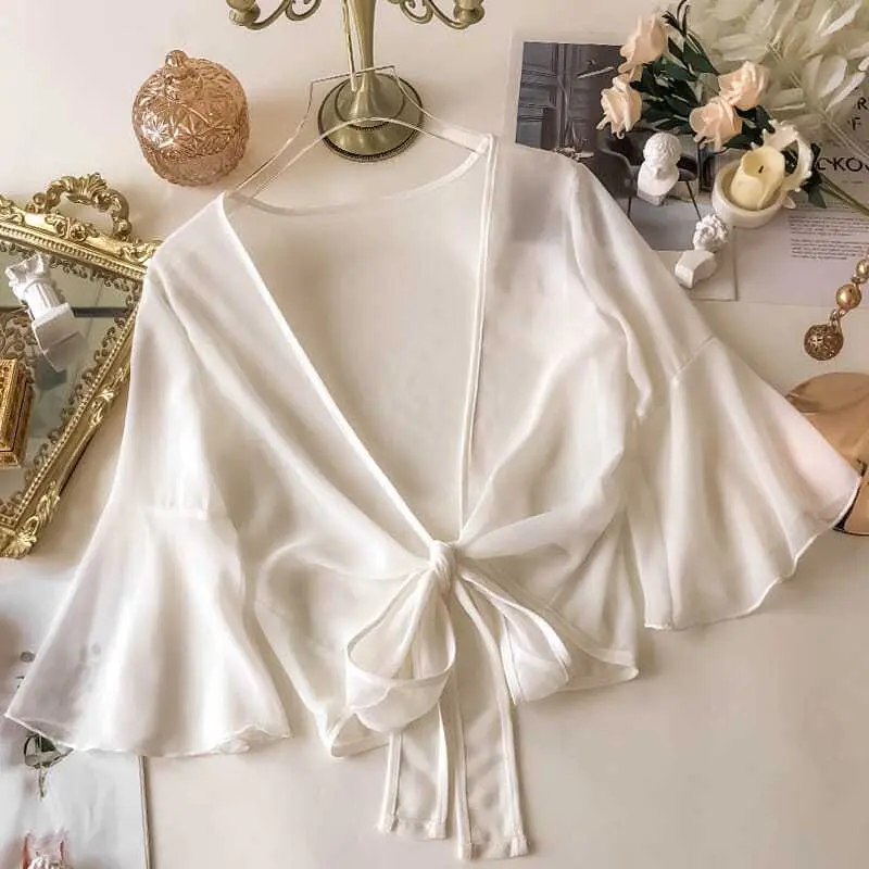 Áo Cánh Váy Hai Dây Mùa Hè, Chất Liệu Voan Dễ Phối Đồ Áo Khoác Nhỏ Áo Cardigan Chống Nắng Ngắn Mỏng Cho Nữ, Thích Hợp Mặc Ngoài, Cho Nữ Jacket Top Women