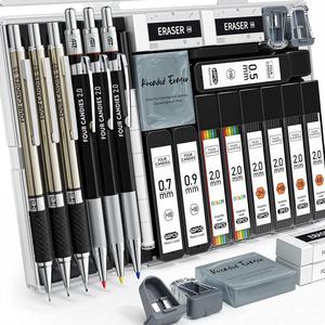 FourCandies 25pcs Art Mechanical Pencil Set with Case, 3counts Metal Artist Lead Pencil 0.5/0.7/0.9mm & 3counts 2mm Lead Holder with 432pcs Graphite Lead Refills, Classroom Supplies, Writing Tools