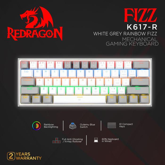 Gambar Redragon Mechanical Gaming Keyboard 60% WHITE GREY RAINBOW FIZZ-K617-R - WHITE GREY dari Redragon Indonesia Kota Administrasi Jakarta Utara Tokopedia