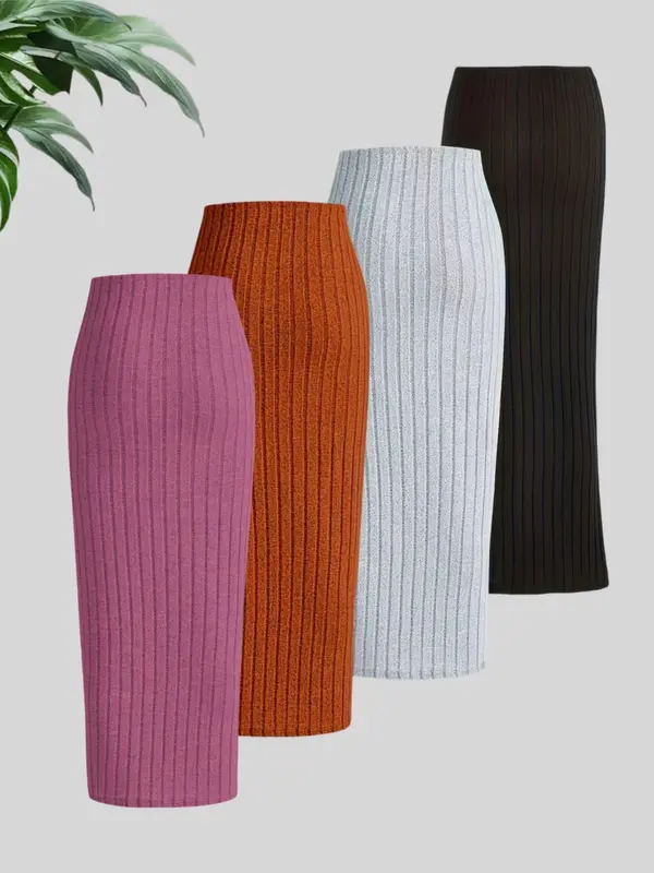 Women's Solid Ribbed Skinny Skirt, Elegant Fashion Casual Long Skirt for Daily Outdoor Wear, Women Knitwear for Fall & Winter 4