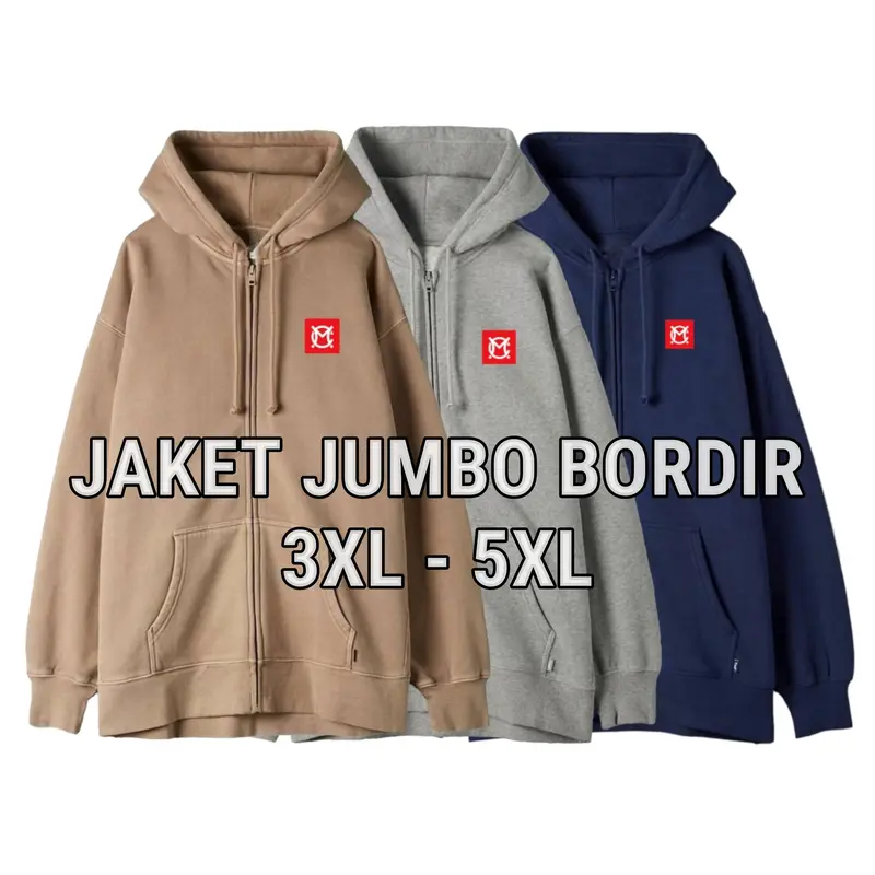 Jaket Jumbo Pria Wanita Big Size XXXL XXXXL XXXXXL Ld 130 135 140 3XL 4XL 5XL Hoodie Zpper Oversize Cewek Cowok Distro Fleece Tebal Logo Bordir Korean Style Murah 1