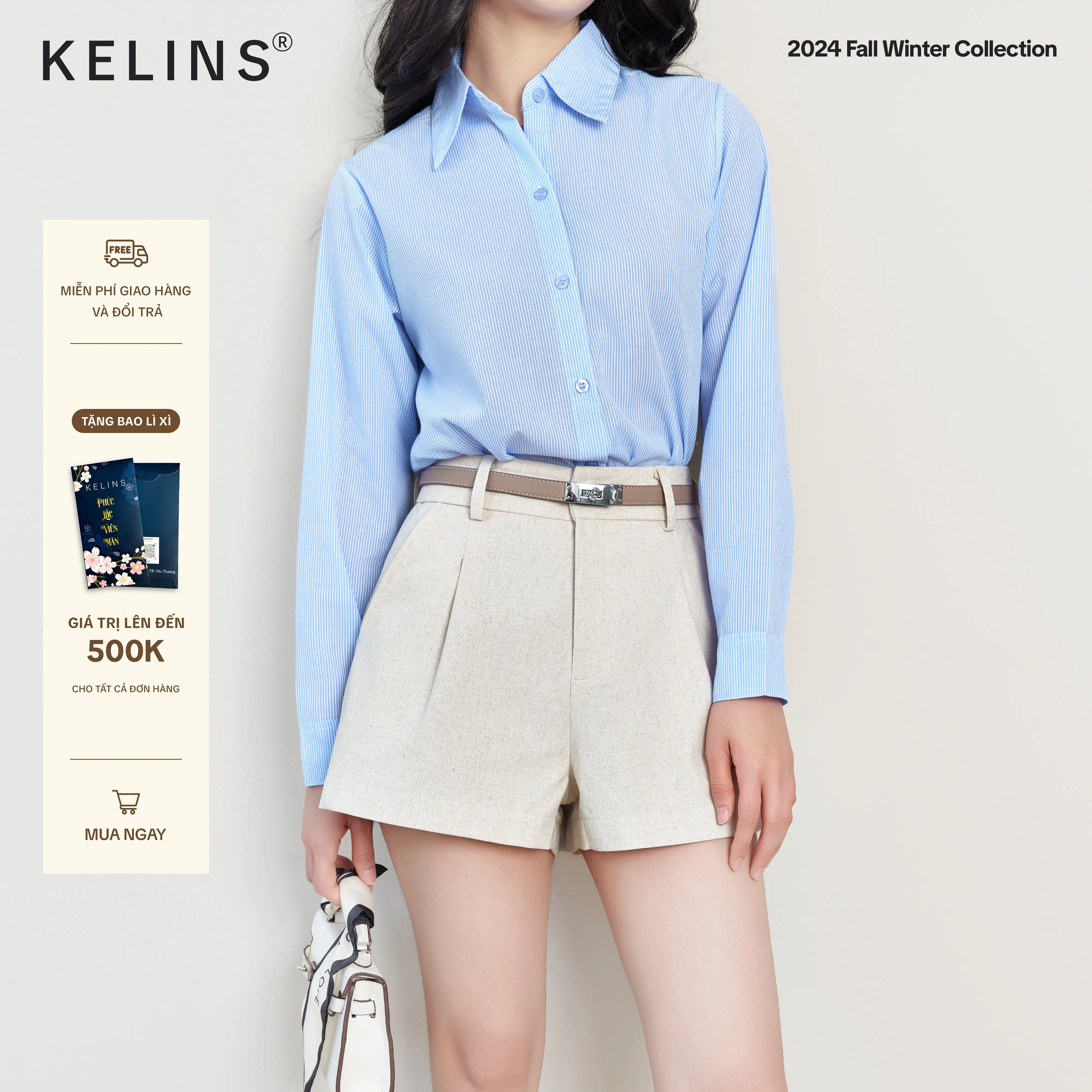 Quần Short Kelins nữ lưng cao, Chất Linen có lớp lót mềm mại, có túi, Nữ