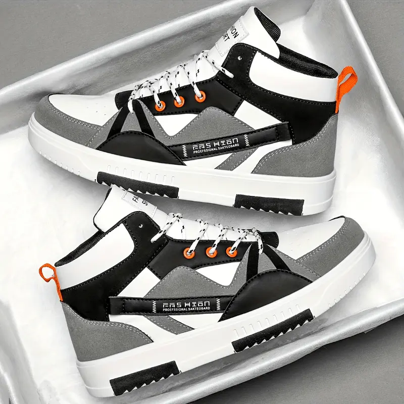 Men's Fashion High-Top Skate Sneakers - Stylish Color Block with Thick Sole, Casual Lace-Up Running Shoes with Letter Print, Durable EVA & Fabric, All-Season Outdoor Footwear, Outdoor Sneakers|Modern Hightops|Pu Upper Sneakers 0