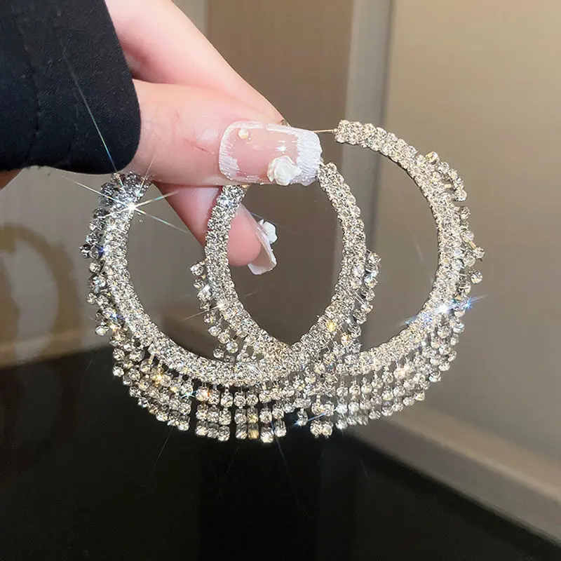 [2052 People Collected] Silver Needle Inlaid Diamond Geometric Multi-layer Round Large Earrings for Women American Style Exaggerated Elegant High-end Hoop Trendy Earrings
