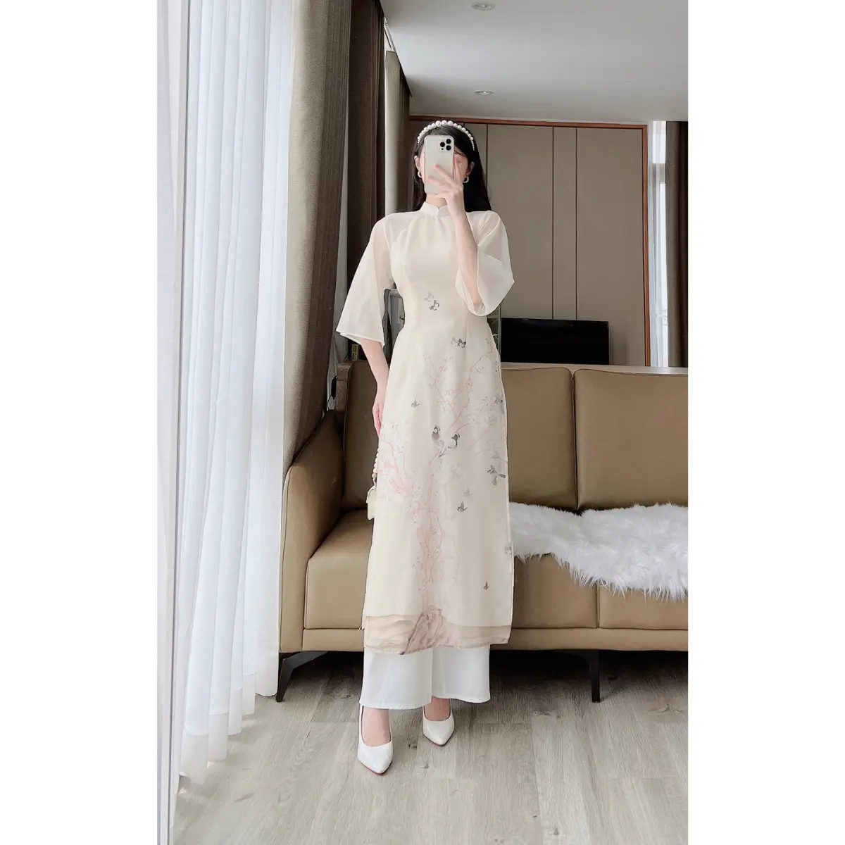 [Áo dài Phạm Hương] Áo dài Liễu Mai chất liệu tơ organza, áo dài truyền thống cổ trụ 2p tay xòe Nữ Dress Kem Váy Khuy Đầm Women
