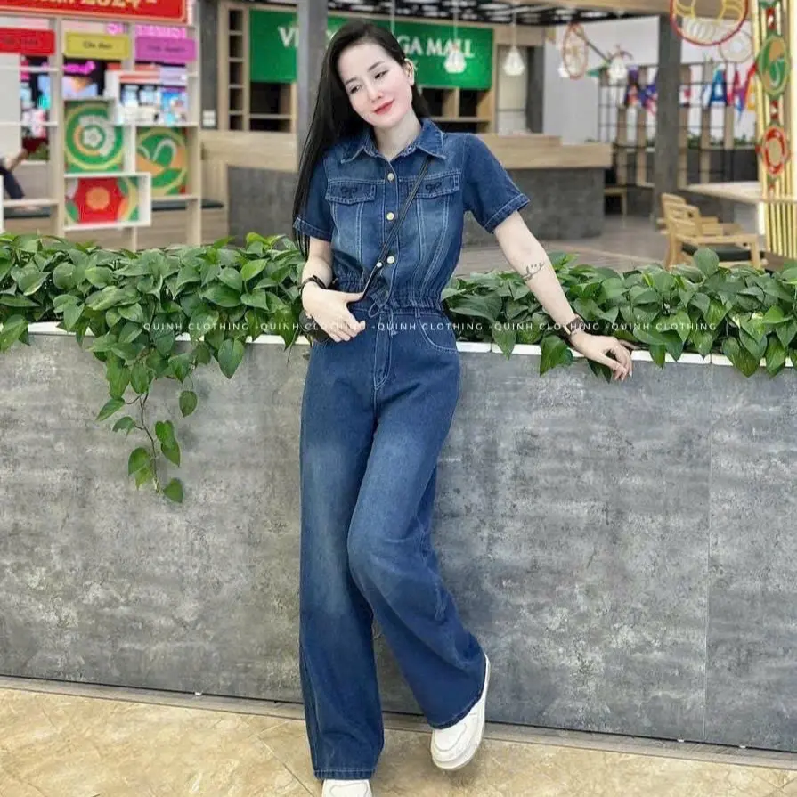 SET BỘ JEAN DEMIN ÁO TAY NGẮN RÚT DÂY EO MIX QUẦN DÀI ỐNG RỘNG CÁ TÍNH Women