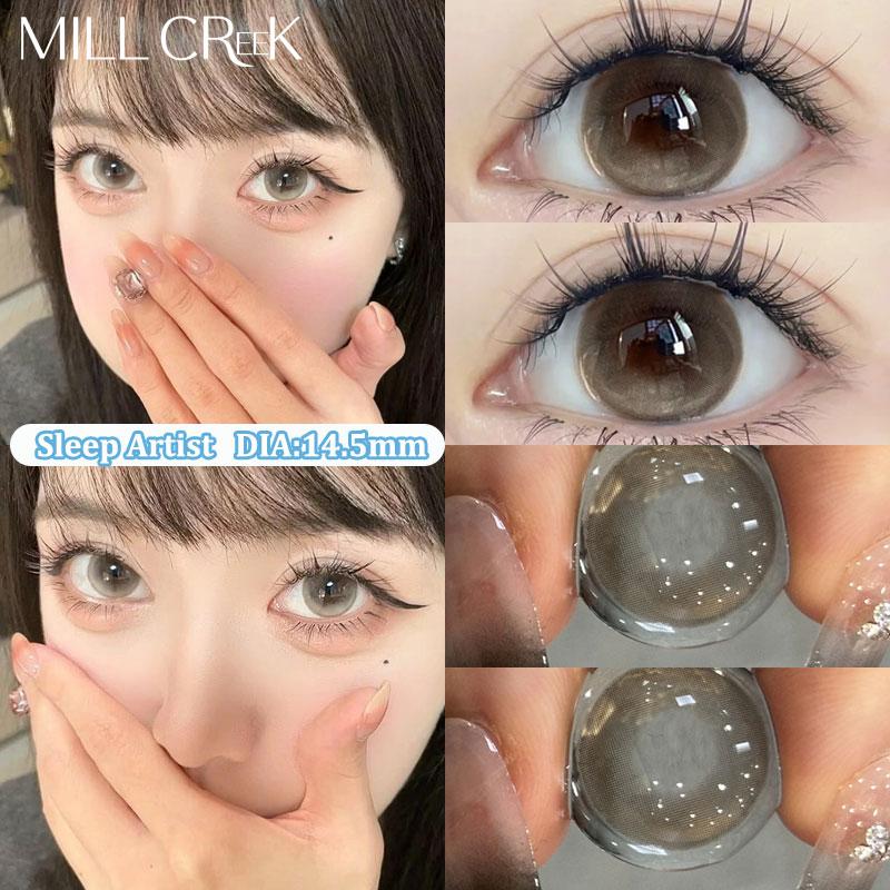 Kính áp tròng tiếp xúc, Mill Creek, Đường kính: 14,5mm, Ống kính màu xám, Ống kính trang điểm mắt màu xanh lam, Có hàm lượng nước là 40%, Đường kính: 14,5mm và 14,2mm, Mua hai cặp và nhận ba món quà, Bao gồm cả bộ đeo.