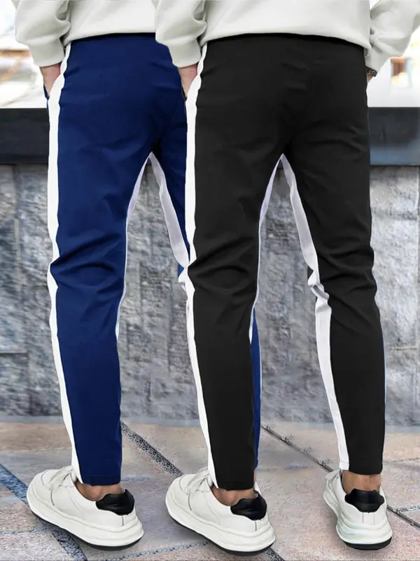 Men's Regular Fit Colorblock Patchwork Drawstring Waist Sweatpants, Casual Pocket Side Stripe Skinny Pants For Daily Wear, Knitting Bottoms For All Seasons 7