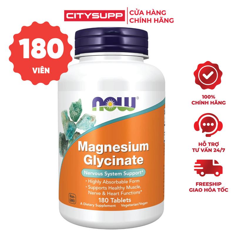 Viên Uống NOW Magnesium Glycinate 200mg With TRAACS (180 Viên) | Nhập Khẩu Mỹ | CitySupp