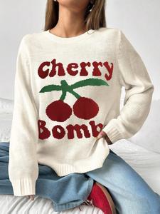 YOZY Women's Cherry & Letter Print Round Neck Sweater, Casual Long Sleeve Crew Neck Jumper for Fall & Winter, Fashion Ladies' Knitwear for Daily Wear