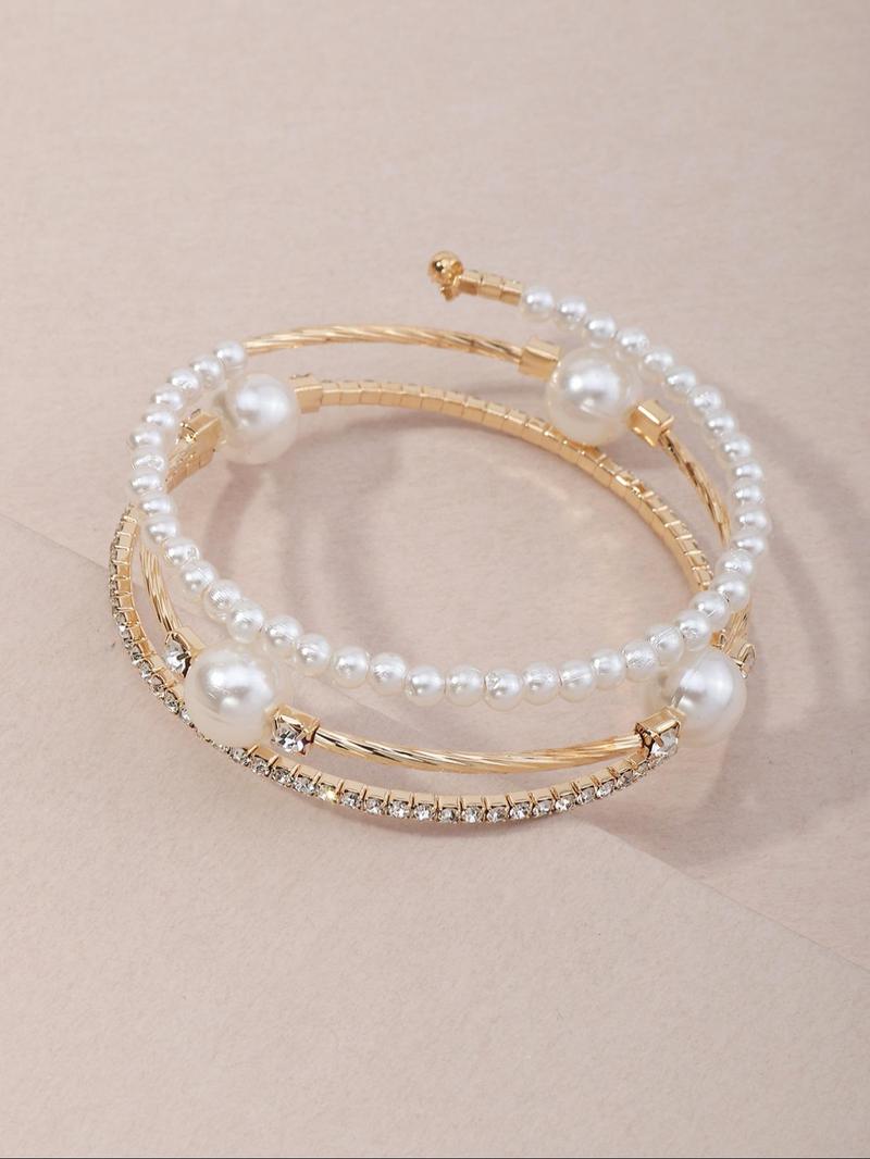Product Introduction of Girl's Plain Rhinestones Faux Pearls Bangle, Fashion Jewelry for Party, Daily Decor, Trendy All-match & Exquisite Jewelry for Birthday Gift 5