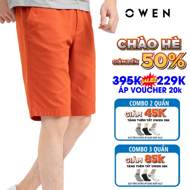 Quần short nam kaki Owen màu cam, chất liệu vải cotton cao cấp, co giãn, trẻ trung, dáng slimfit năng động