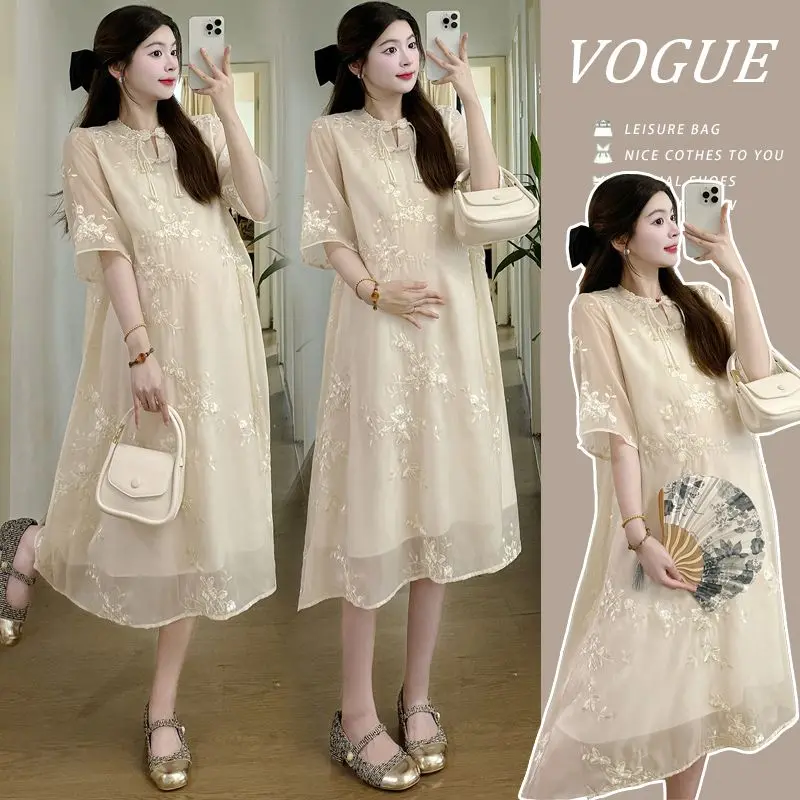 Váy Bà Bầu Mùa Hè, Phong Cách Trung Quốc Mới, Thêu Máy, Cải Tiến, Trên Đầu Gối, Nhẹ, Thoáng Khí Và Rộng Rãi, Cho Phụ Nữ Mang Thai Váy Bầu Đầm Bầu 0