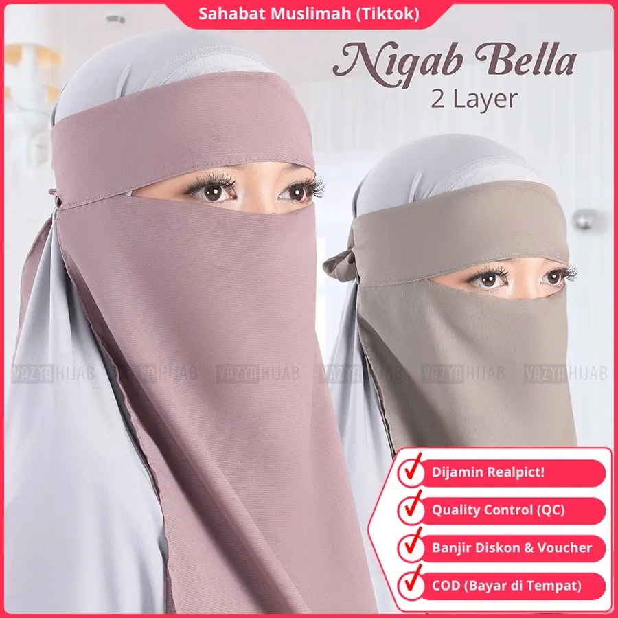 Cadar Tali 2 Layer Niqab Niqob Yaman Nikab Nikob Terbaru 2024 Bella Bahan Polycotton Warna Hitam Putih Navy Milo Mocca Abu-Abu Maroon Pink