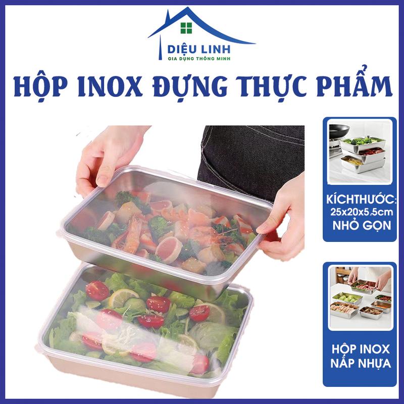 Hộp INOX có nắp 25.5cm, Hộp Đựng Thực Phẩm INOX Có Nắp Lớn Khay Hộp Inox Đựng Bảo Quản Thực Phẩm Kèm Nắp Nhựa, Đựng Gia Vị, Topping Đồ Uống Dieulinhshop