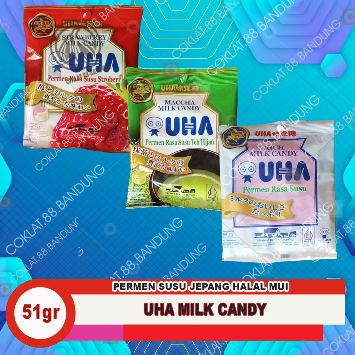 UHA MILK CANDY 51GR HALAL, PERMEN SUSU UHA JEPANG GREEN TEA STRAWBERRY 42 GR IMPORT