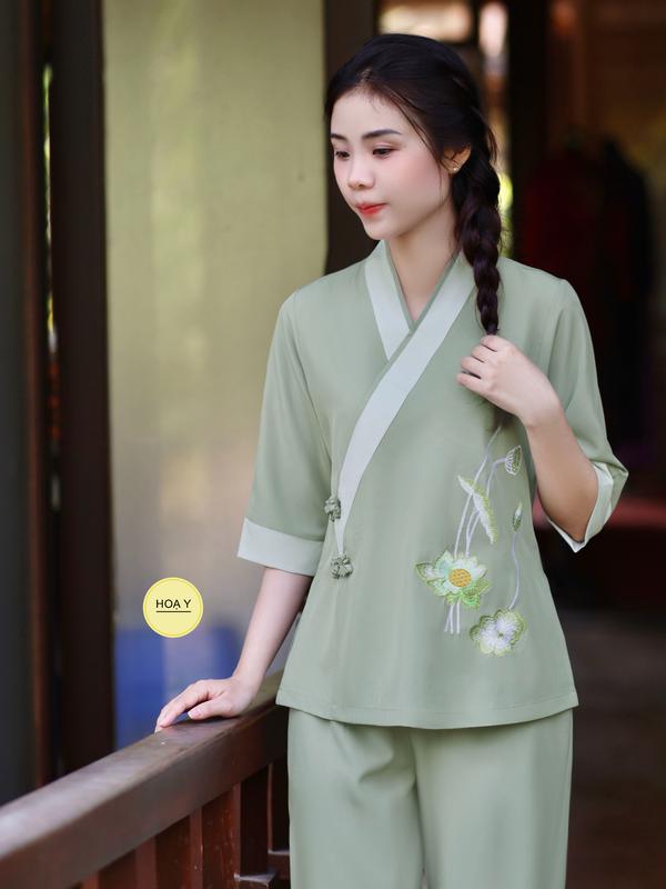 DL25 XANH RÊU (Họa Y Pháp Phục) bộ Đồ Lam Đi Chùa,  Phật Tử Nữ,  size S M L XL 2XL,3XL, big size trang phục truyền thống thường mặc, chất lụa tuyết Women  áo hoa sen Voi trung niên, cho mẹ, bà người lớn tuổi