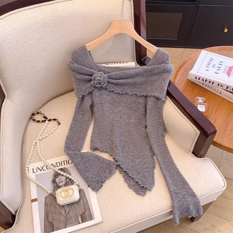 Đồ Len Cho Nữ, Phong Cách Cổ Điển Selvedge Dây Áo Len Đỏ Thanh Lịch, Bộ Sưu Tập Mới Mùa Thu, Tay Kèn Hợp Xu hướng Áo Len Bất Đối Xứng Women Top 2