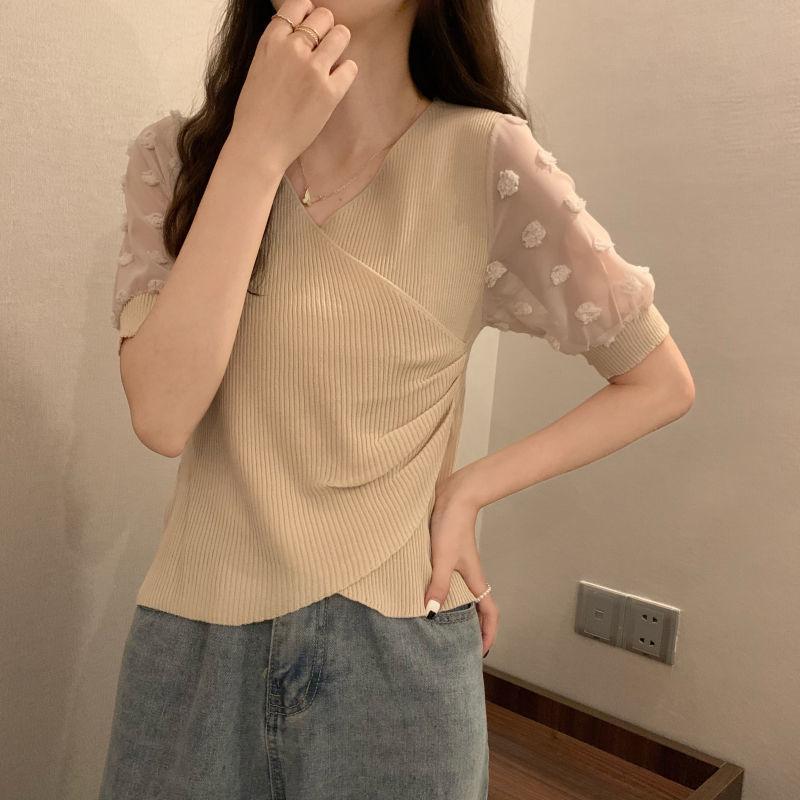 Product Introduction of Áo Thun Thiết Kế Voan Dáng Ôm, Knatwear, Cổ Chữ V, Ngắn, Dành Cho Nữ, Màu Đỏ Ngủ, Quần Áo Nữ 5