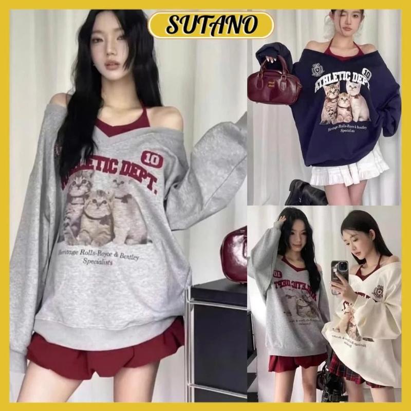 Set áo nỉ bông sweater cổ tim trễ vai kèm áo tăm cổ yếm form rộng in hình mèo hottrend A996 SUTANO