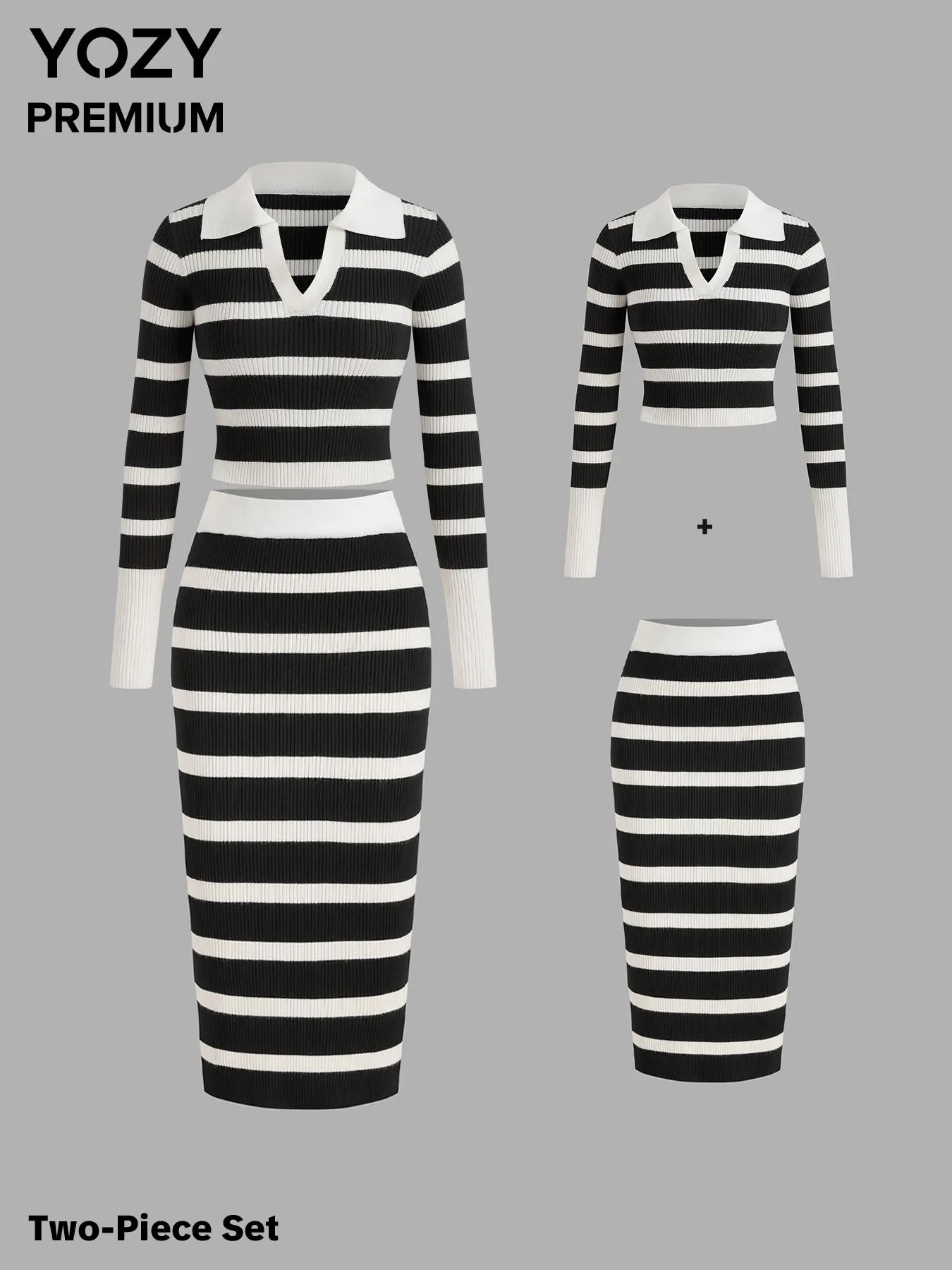 YOZY Women's Striped Print Two-piece Set, Casual Long Sleeve Collared Top & Skirt Set for Spring & Fall, Ladies Clothes for Daily Wear