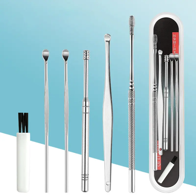 6Pcs Ear Cleaner Set Stainless Steel Ear Wax Pickers Spiral Earpick Wax Remover Curette Ear Cleaner Spoon Ear Care Clean Tool