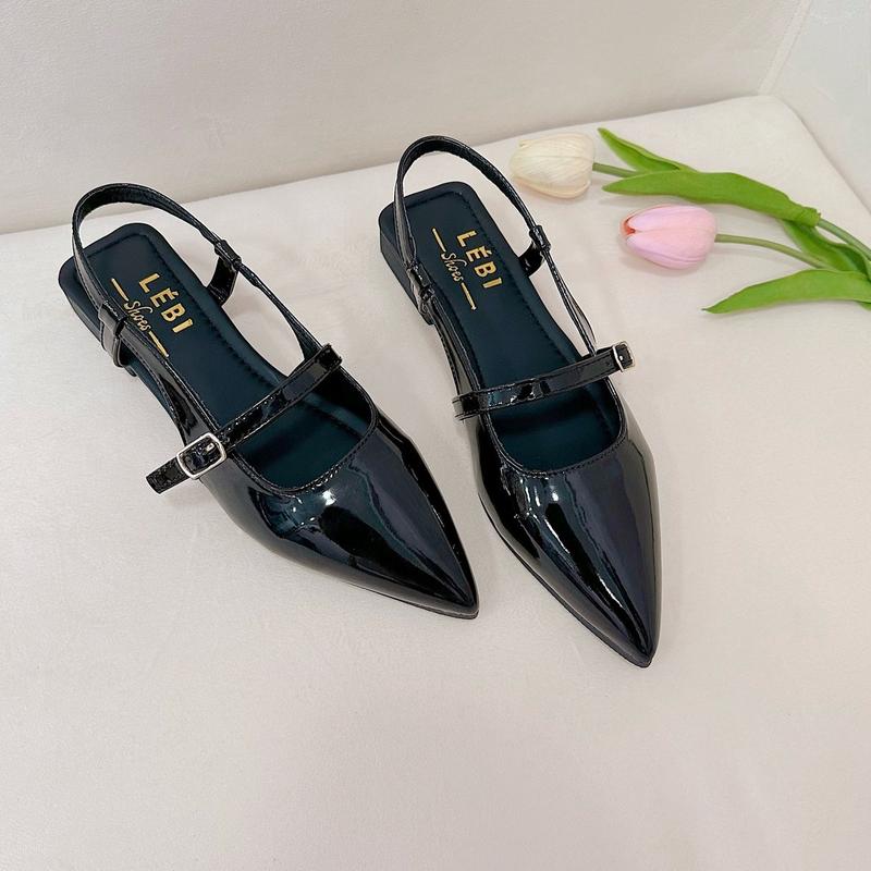Giày mũi nhọn quai ngang hở gót da bóng đế mềm phong cách sang chảnh, tiểu thư Shoes Nữ