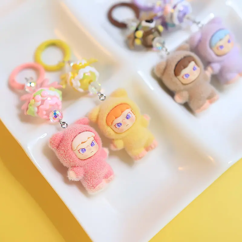 Kawaii Cartoon Flocking Doll Keychain Pendant For Women Girls Fashion Unique Backpack Decoration Accessories Small Gifts