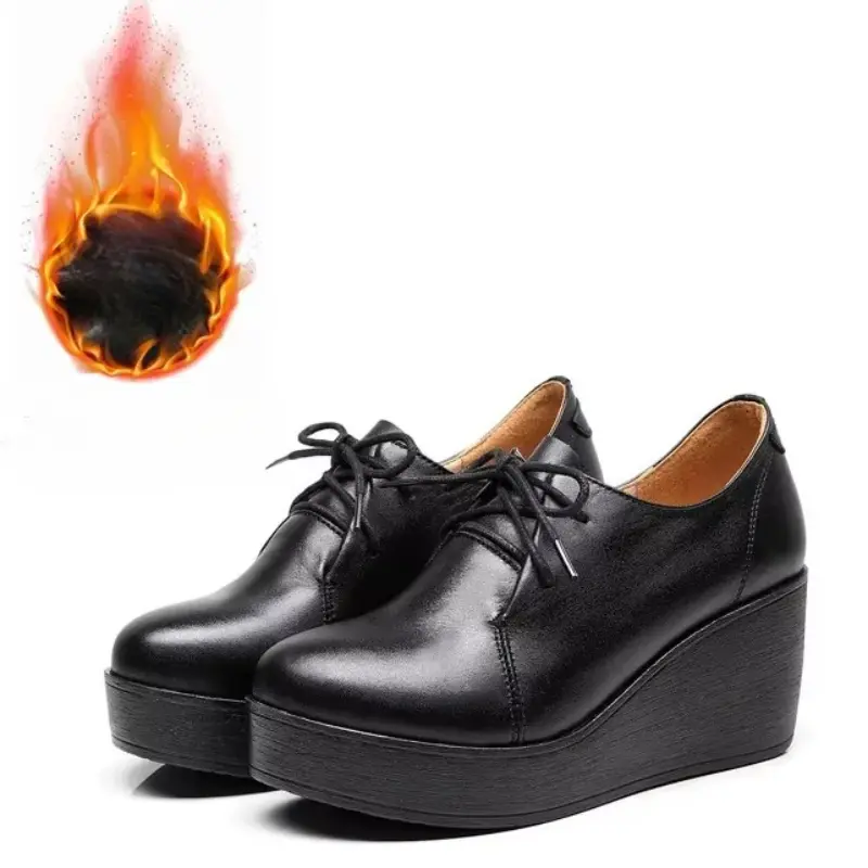 Plus Size 34-41 Platform Shoes Women Oxford Shoes Fall Winter Deep Mouth High Heels Pumps Ladies Leather SHoes for Work