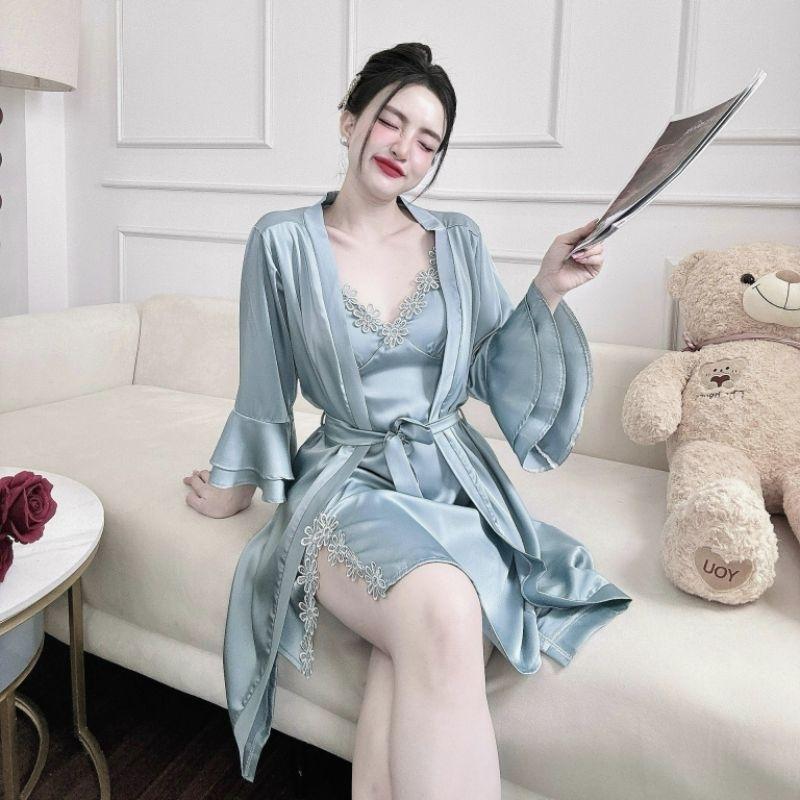 Đồ ngủ nữ Đầm kèm Áo choàng ngủ nữ sang trọng Đầm 2 dây có mút lót vải Lụa và Ren mềm mát Váy Ngủ Kem Women buom vá yng ủ set bongu quyen ru
