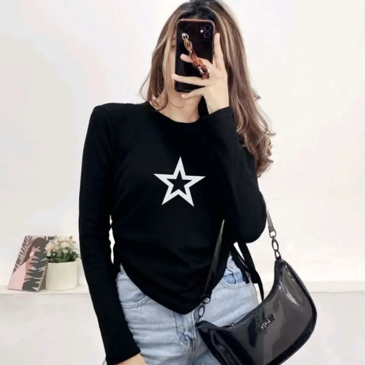 Kaos Wanita SERUT STAR Crop Knit Rib Lengan Panjang