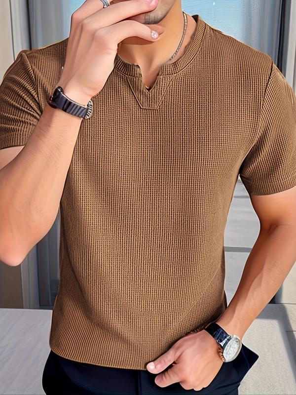 Men's Regular Fit Plain Notched Neck Waffle Knit Tee, Casual Short Sleeve T-shirt for Summer, Clothing, Men's Top for Daily Wear 0