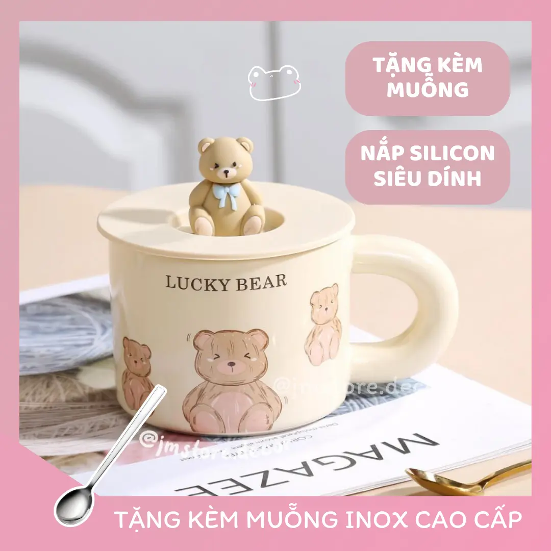 Ly Sứ Cao Cấp Kèm Nắp Silicon Gấu Dễ Thương Ly Cà Phê, Pha Trà Tiện Lợi
