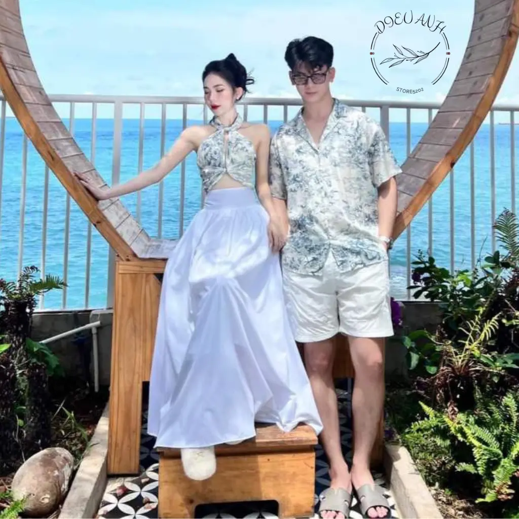 Set đi biển - Váy hở lưng và áo sơ mi nam chất lụa cao cấp cho các cặp đôi đi du lịch sang trảnh dieuanh5202