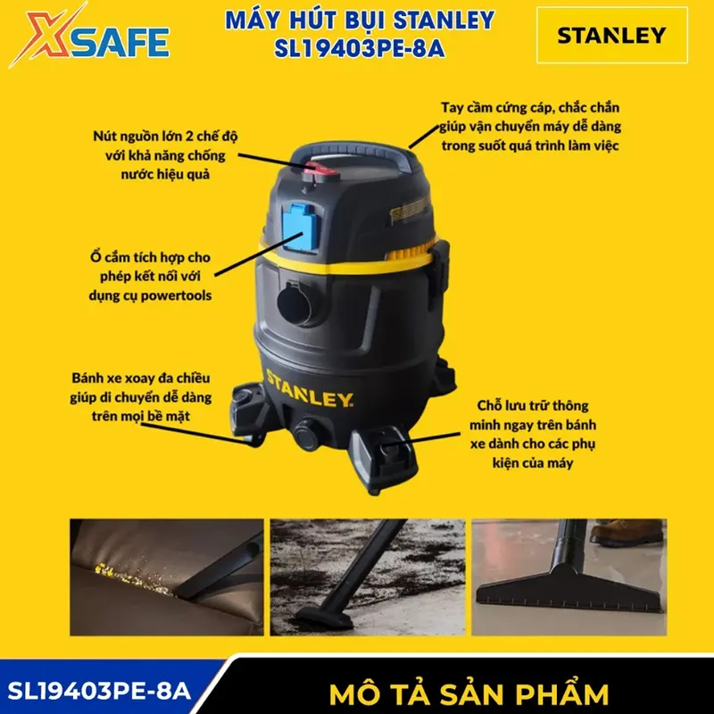Máy hút bụi 4 chức năng STANLEY lực mạnh 4000W,  bình nhựa 30 lít, dùng hút bụi ướt và khô, chức năng thổi và gắn thêm máy dùng điện 4