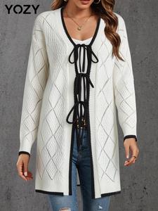 YOZY Women's Contrast Binding Tie Front Hollow Out Sweater Cardigan, Casual Drop Shoulder Long Sleeve Sweater Cardigan, Women Knitwear for Spring & Fall