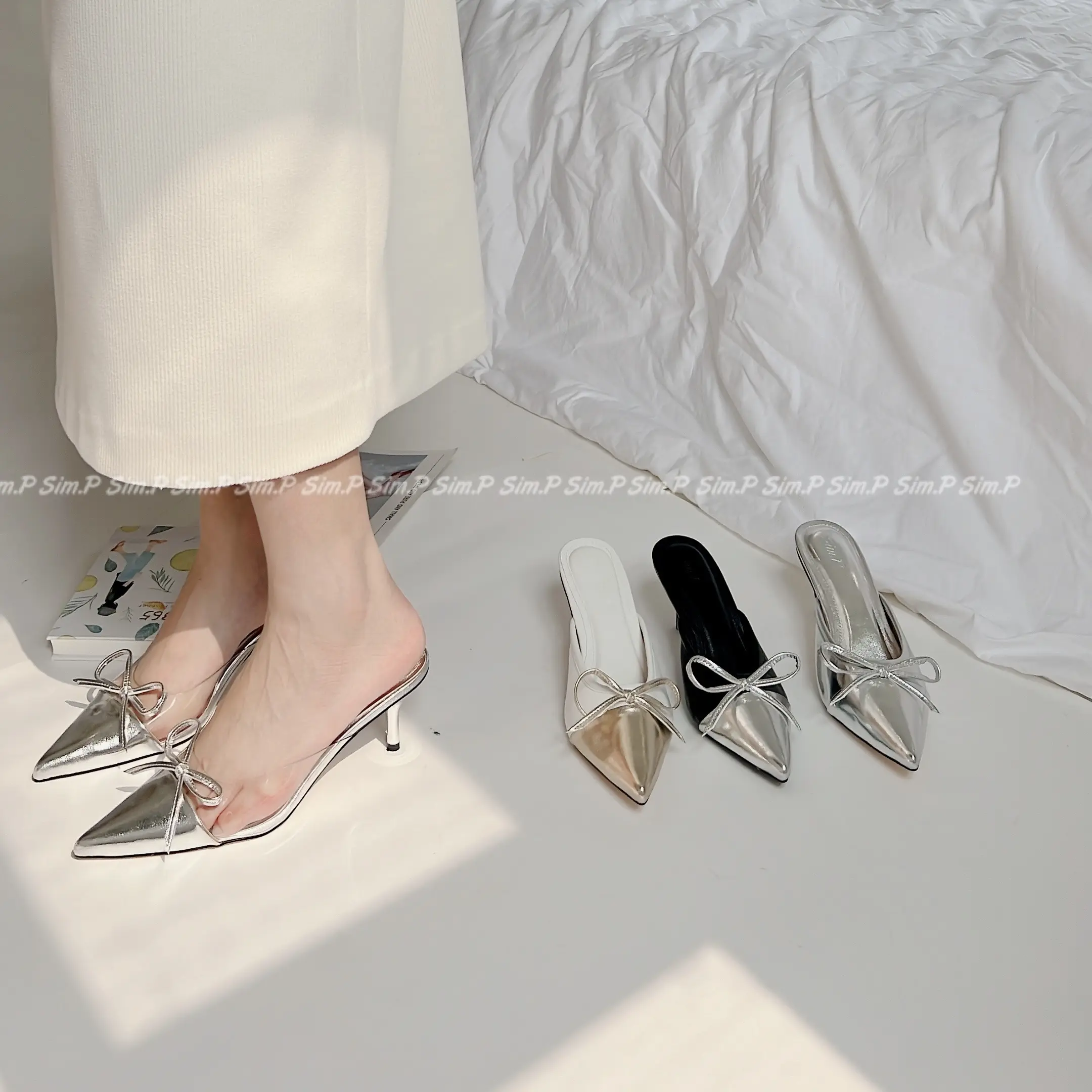 Sục cao gót nữ SimP đính nơ cao 6cm - SAZI DéP Shoes