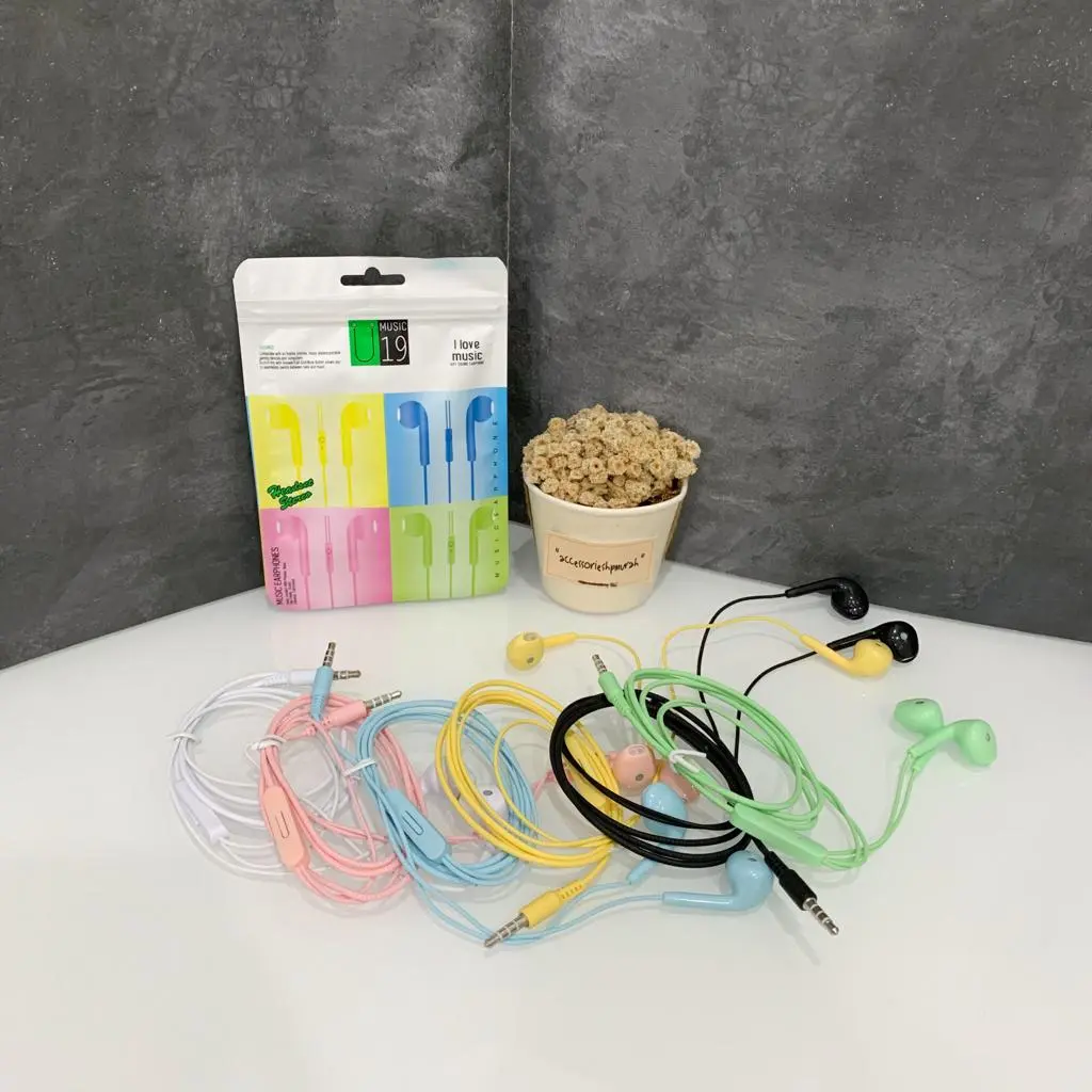HANDSFREE MAKARON U19 PACK PLASTIK Biru Headset Hitam Kuning