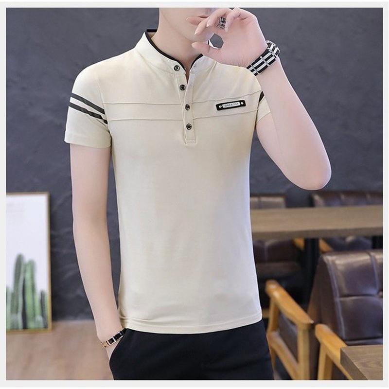 Áo thun nam cổ tàu cổ trụ mẫu đẹp 2024 dáng suông Menswear Nhung Cotton kem Polo Có Cổ