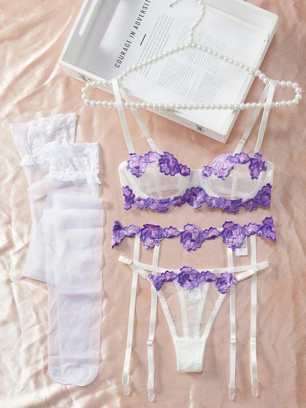 Women's Floral Lace Bra & Thong & Garter Belt & Stockings & Gloves Set, Sexy Comfy Breathable Lingerie Set for Women, Women's Underwear for All Seasons 5